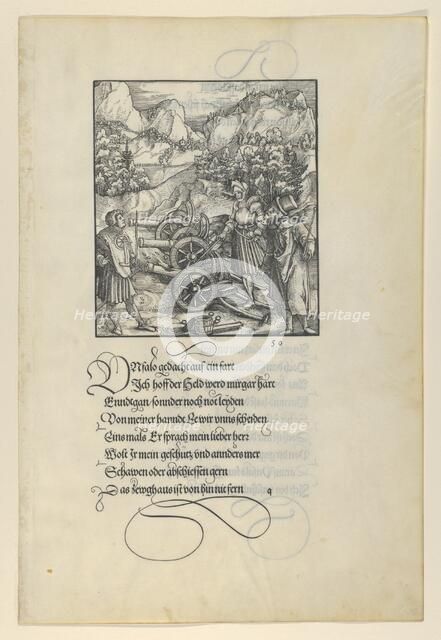Unfalo Endangering Theuerdanck, Causing the the Explosion of Three Cannons, from Theuerdan..., 1517. Creator: Hans Schäufelein the Elder.