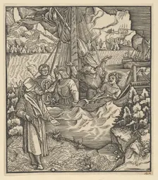 Unfalo Endangering Theuerdanck's Ship, from Theuerdanck, 1517. Creator: Hans Schäufelein the Elder