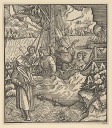 Unfalo Endangering Theuerdanck's Ship, from Theuerdanck, 1517. Creator: Hans Schäufelein the Elder