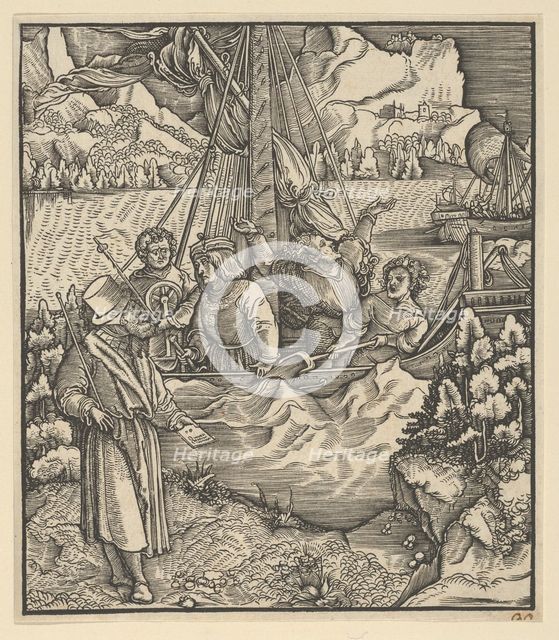 Unfalo Endangering Theuerdanck's Ship, from Theuerdanck, 1517. Creator: Hans Schäufelein the Elder.