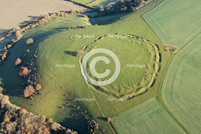 Unfinished Early Iron Age univallate hillfort earthwork situated on Ladle Hill, Hampshire, 2017. Creator: Damian Grady.