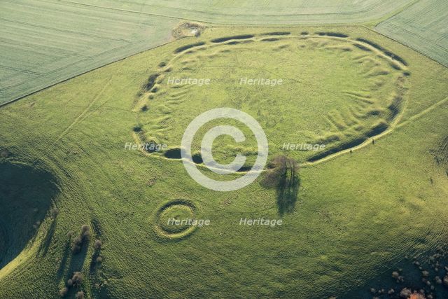 Unfinished Early Iron Age univallate hillfort earthwork situated on Ladle Hill, Hampshire, 2017. Creator: Damian Grady.