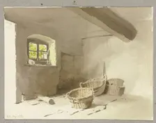 Unfurnished room, some baskets on the floor, 1860. Creator: Carl Theodor Reiffenstein