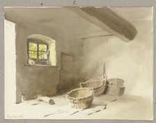 Unfurnished room, some baskets on the floor, 1860. Creator: Carl Theodor Reiffenstein