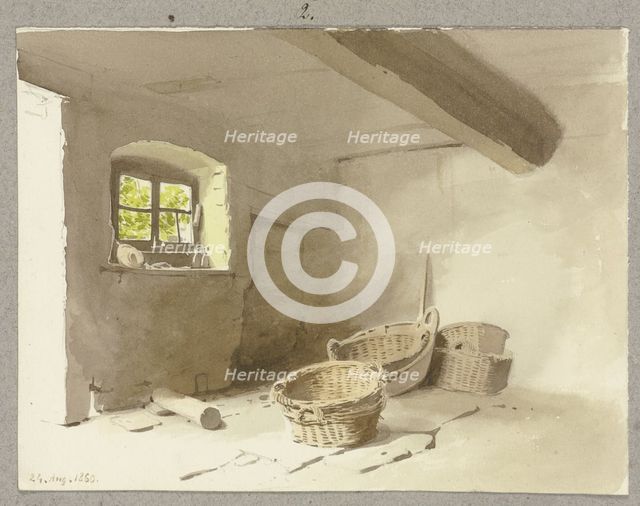 Unfurnished room, some baskets on the floor, 1860. Creator: Carl Theodor Reiffenstein.