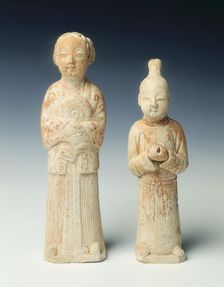 Unglazed pottery figures of a page and maid, Northern Song dynasty, China, 11th century