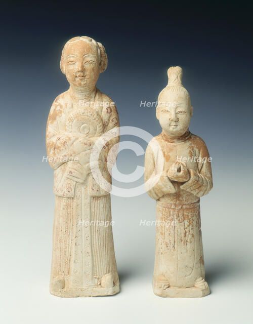 Unglazed pottery figures of a page and maid, Northern Song dynasty, China, 11th century. Artist: Unknown