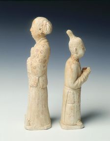 Unglazed pottery figures of a page and maid, Northern Song dynasty, China, 11th century