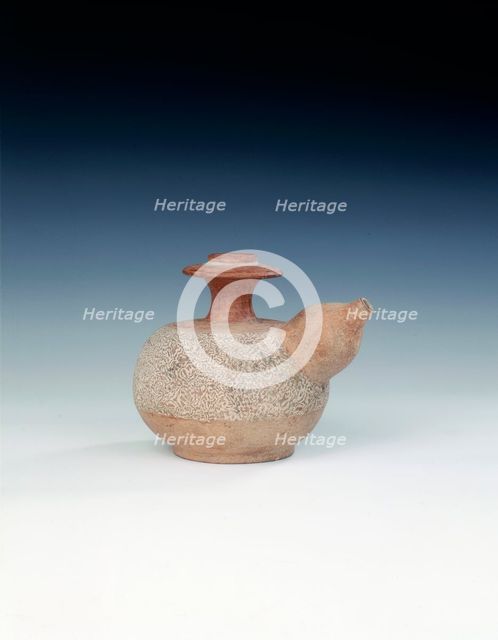 Unglazed pottery kendi with marblised clay panel, Thailand, mid 16th century. Creator: Unknown.