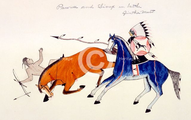 Unhorsing of a Pawnee warrior by Dakota Sioux warrior Zintka Mato (Dog Bear), c1889-1927.  Artist: Kills Two