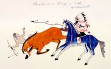 Unhorsing of a Pawnee warrior by Dakota Sioux warrior Zintka Mato (Dog Bear), c1889-1927. Artist: Kills Two
