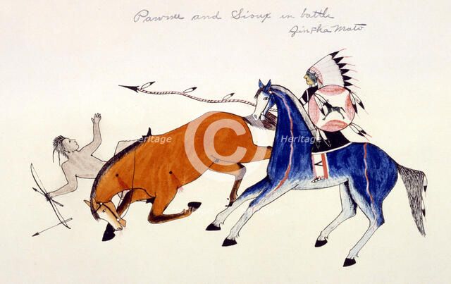 Unhorsing of a Pawnee warrior by Dakota Sioux warrior Zintka Mato (Dog Bear), c1889-1927.  Artist: Kills Two