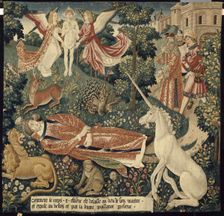 Unicorn. From: La Tenture de saint Étienne. Scène 8: Le corps du martyr exposé aux bêtes, c. 1500. Creator: Coter, Colijn de, after (ca. 1440/45-ca. 1522/32)