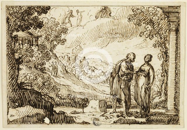 Unidentified Mythological Scene with Man and Woman Conversing in Classical Landscape, n.d. Creator: François Roëttiers.