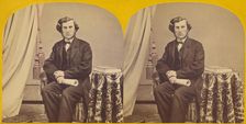 Unidentified man with muttonchops seated, holding a rolled paper, about 1860. Creator: Unknown