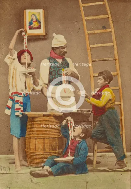 Unidentified man with moustache making pasta, three boys either eating it or helping..., 1865-1870. Creator: Giorgio Conrad.