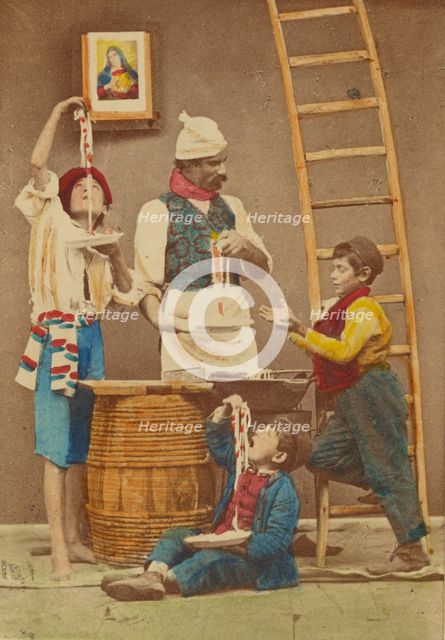 Unidentified man with moustache making pasta, three boys either eating it or helping..., 1865-1870. Creator: Giorgio Conrad.