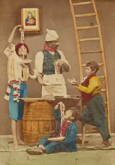 Unidentified man with moustache making pasta, three boys either eating it or helping..., 1865-1870. Creator: Giorgio Conrad