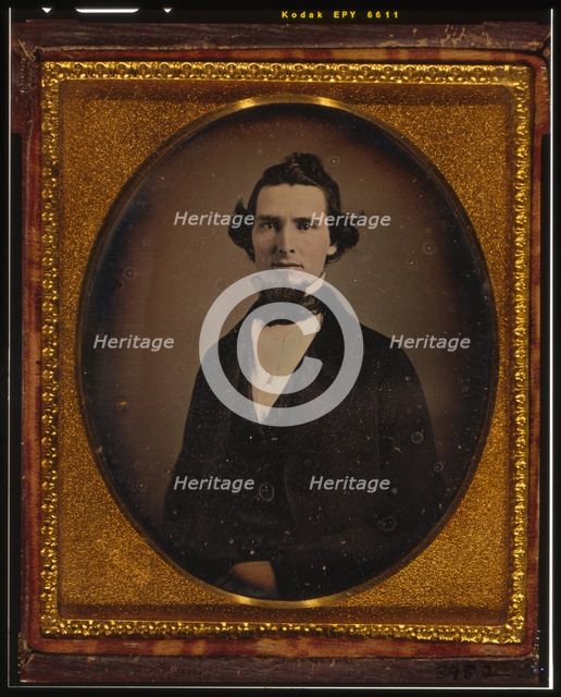 Unidentified man with beard, half-length portrait, facing front, ca. 1855. Creator: Francis Grice.