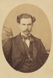 Unidentified man with handlebar moustache, printed in quasi-oval style, 1862-1868. Creator: Bayard & Bertall