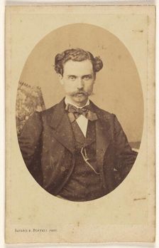Unidentified man with handlebar moustache, printed in quasi-oval style, 1862-1868. Creator: Bayard & Bertall