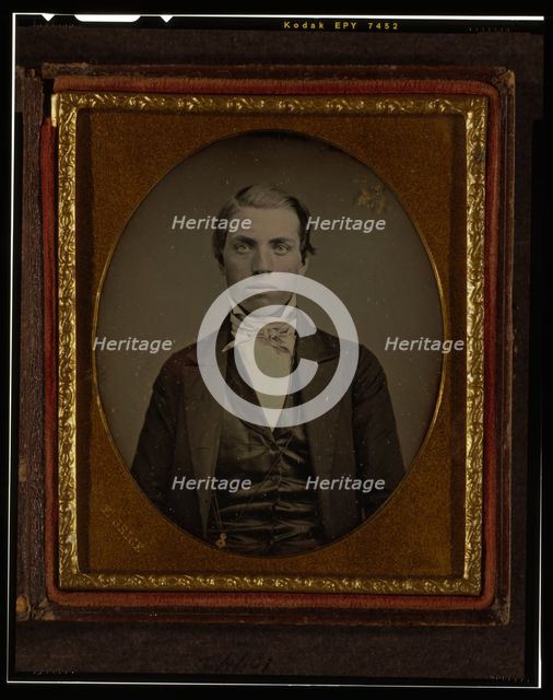 Unidentified man, half-length portrait, facing front, ca. 1855. Creator: Francis Grice.