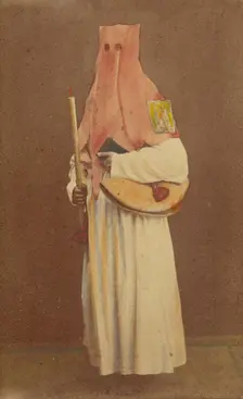 Unidentified man in long hood holding a candle and book, standing, about 1870. Creator: Giorgio Conrad