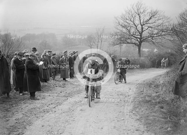 Unidentified motorcycle at an early motoring trial, pre 1914.   Artist: Bill Brunell.