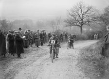 Unidentified motorcycle at an early motoring trial, pre 1914. Artist: Bill Brunell