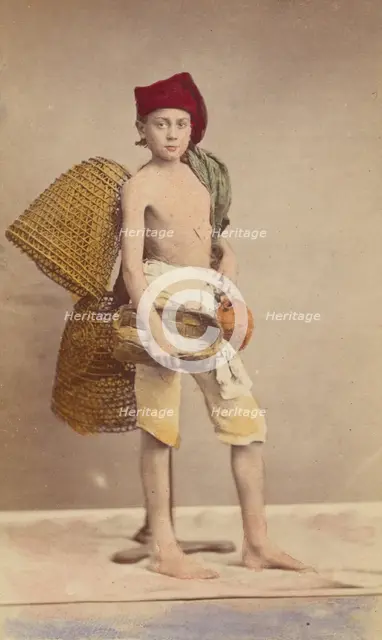 Unidentified boy wearing native costume with baskets on back and carrying a water jug..., 1870-1875. Creator: Giorgio Conrad.