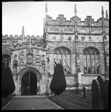 Unidentified church with a highly decorated porch and perforated parapet, England, 1940-1962. Creator: Ethel Booty