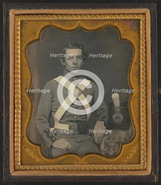Unidentified soldier of 7th New York Infantry Regiment in uniform graphic /, between 1861 and 1863. Creator: Rufus Anson.