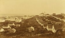 Unidentified village, possibly on Unalaska Island; Russian church with clock in the..., 1894 or 95. Creator: Unknown