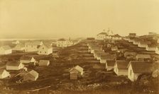 Unidentified village, possibly on Unalaska Island; Russian church with clock in the..., 1894 or 95. Creator: Unknown