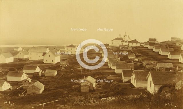 Unidentified village, possibly on Unalaska Island; Russian church with clock in the..., 1894 or 95. Creator: Unknown.