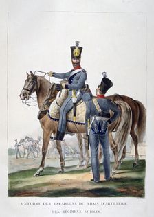 Uniform of a squadron of horse artillery train of a Swiss regiment, France, 1823. Artist: Charles Etienne Pierre Motte