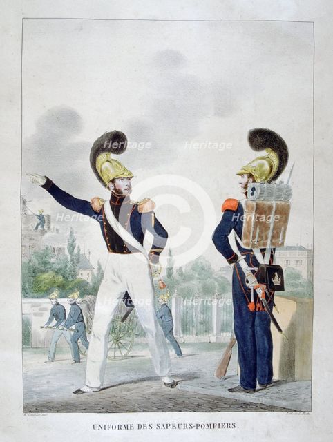 Uniform of military sapper-firemen, France, 1823. Artist: Charles Etienne Pierre Motte