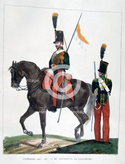 Uniforms of the 12th and 16th Regiment of Chasseurs, France, 1823.  Artist: Charles Etienne Pierre Motte