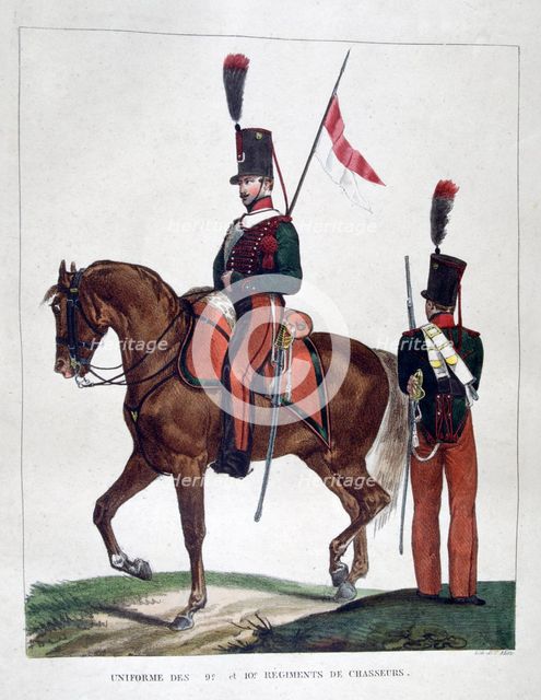 Uniforms of the mounted 9th and 10th chasseur regiment, 1823.  Artist: Charles Etienne Pierre Motte