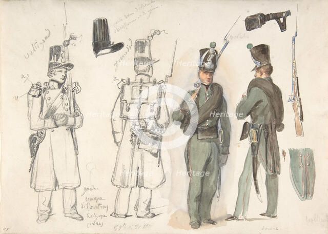 Uniforms of the civil guard in Courtray, Belgium, 1832. Creator: Auguste Raffet.