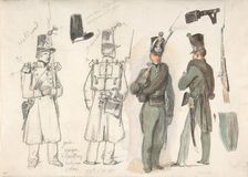 Uniforms of the civil guard in Courtray, Belgium, 1832. Creator: Auguste Raffet
