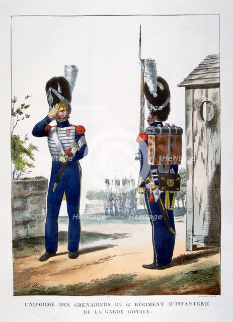 Uniforms of the grenadiers.. of the French royal guard, 1823.  Artist: Charles Etienne Pierre Motte