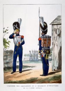 Uniforms of the grenadiers.. of the French royal guard, 1823. Artist: Charles Etienne Pierre Motte