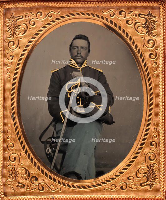Union Cavalry Officer Displaying Sword, Holding Hat, Seated in Studio, 1861-65. Creator: Unknown.