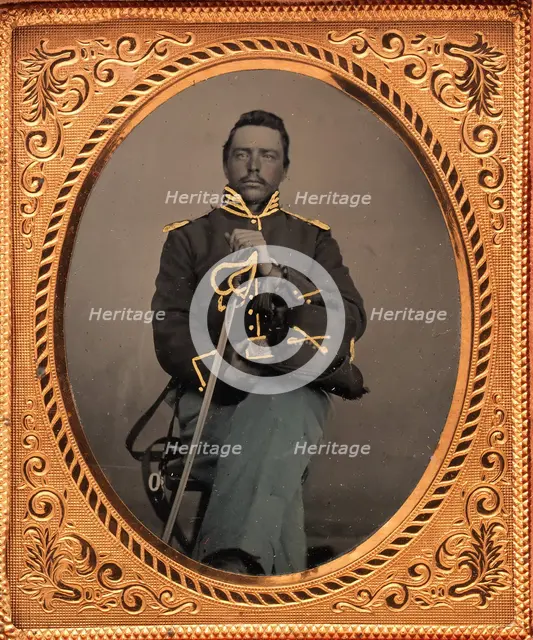 Union Cavalry Officer Displaying Sword, Holding Hat, Seated in Studio, 1861-65. Creator: Unknown.