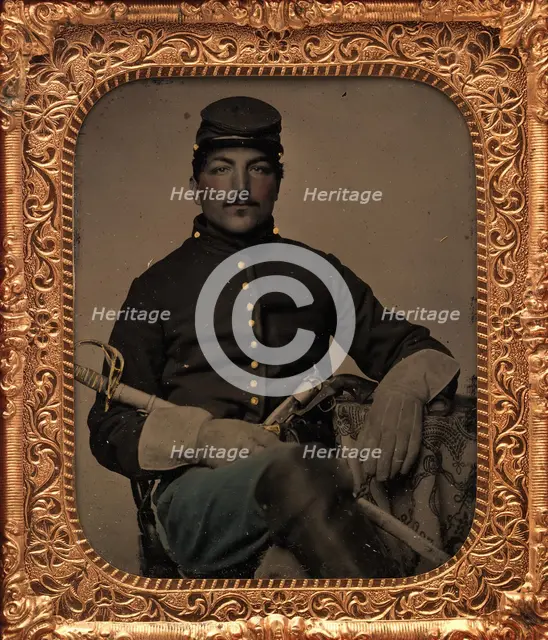Union Cavalry Soldier, Seated, with Sword and Handgun, 1861-65. Creator: Unknown.