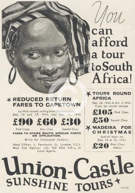 Union Castle sunshine tours, 1935. Artist: Unknown