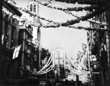 Union flags and decorations, coronation of Queen Elizabeth II, Fleet Street, London, June 1953. Creator: Arthur Charles Kirby Ware