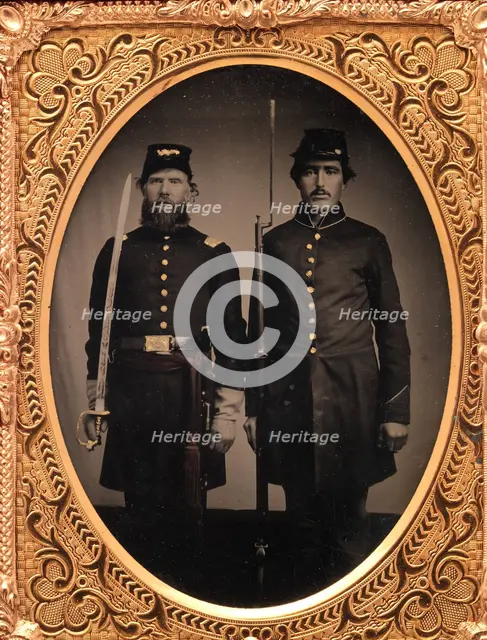 Union Officer and Private, Standing at Attention, with Sword and Rifle with Fixed Bayo..., 1861-65. Creator: Unknown.