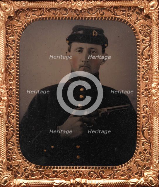 Union Soldier with Colt Revolver, in Studio, 1861-65. Creator: Unknown.